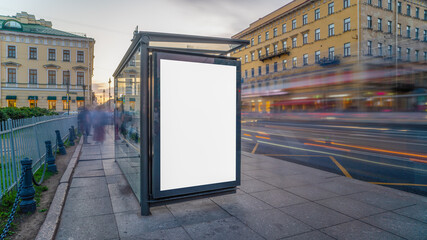 Billboard for a poster on the background of the city. At the bus stop mock-up.