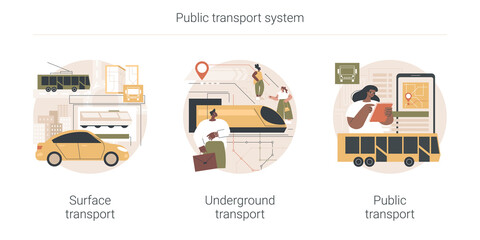 Poster - Public transport system abstract concept vector illustration set. Surface transport, underground public urban transportation, buy ticket, subway train station, bus stop, passenger abstract metaphor.