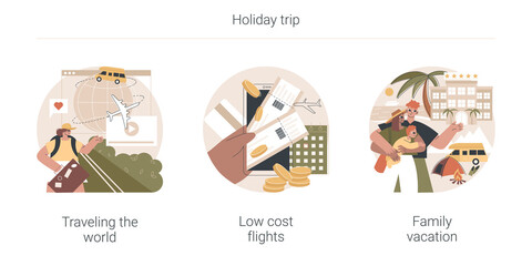 Poster - Holiday trip abstract concept vector illustration set. Traveling the world, low cost flights, family vacation, airport timetable, buy cheap ticket online, travel blog, adventure abstract metaphor.