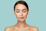 Fototapeta  - Golden ratio female face portrait. Personalized skincare concept. Face symmetry