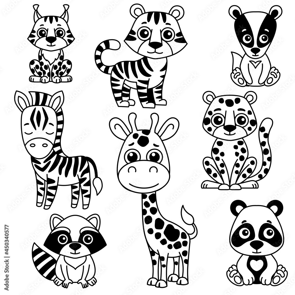 Set of cute black and white Zoo animals. Funny little animals in a ...
