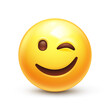 Winking Face. Eye wink emoji, funny yellow emoticon with smiling lips 3D stylized vector icon
