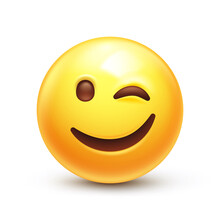Winking Face. Eye Wink Emoji, Funny Yellow Emoticon With Smiling Lips 3D Stylized Vector Icon