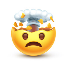 Exploding Head Emoji. Mind Blown Emoticon, Shocked Sad Yellow Face With Brain Explosion Mushroom Cloud 3D Stylized Vector Icon