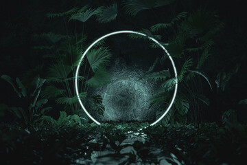 Fototapete - 3d rendering of blue lighten circle shape surrounded by jungle trees