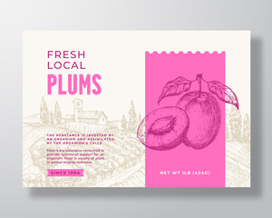 Wall Mural - Fresh Local Plums Food Label Template. Abstract Vector Packaging Design Layout. Modern Typography Banner with Hand Drawn Fruit and Rural Landscape Background. Isolated