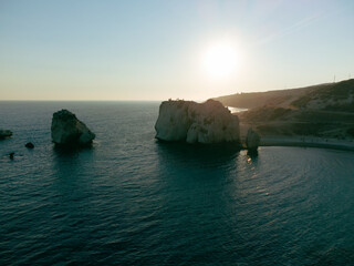 Sunset in the area of the stone of Aphrodite in the evening in Cyprus