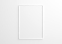 White Vertical Frame Mockup On White Wall. 3d Rendering.