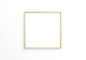 square thin wooden frame on white wall. 3d rendering.