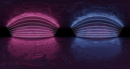 Poster - 3d rendering. 360 degree spherical seamless vr panorama. abstract empty dark interior with neon ligh
