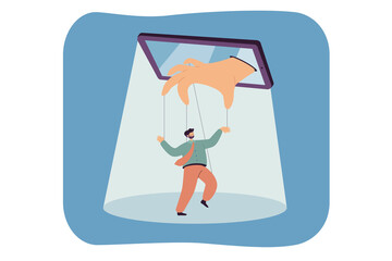 Poster - Hand from phone controlling cartoon businessman as puppet. Persuasive internet propaganda techniques, fake news online flat vector illustration. Social media, technology, manipulation concept