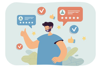 Poster - Client giving positive feedback and recommending service online. Users sharing experience on social media flat vector illustration. Technology, customer review, commerce, business marketing concept
