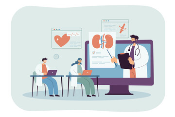 Poster - Medical students watching webinar during class. Professional doctor training specialists through podcast on virtual platform flat vector illustration. Online education, healthcare, medicine concept