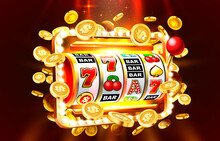 Slots 777 Banner, Golden Coins Jackpot, Casino 3d Cover, Slot Machines. Vector