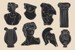 Ancient greek statues. Hand drawn one line antique sculptures, black mythology characters. Vector art