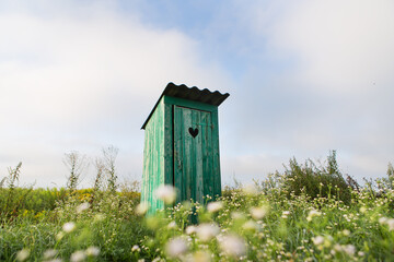 Vintage toilet. An outdoor rustic green toilet with a heart cut out on the door. Toilet in a field of flowers.