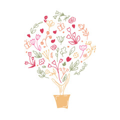  Vector hand drawn tree with flowers. Drawing.