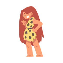 Sticker - Standing Primitive Woman Character from Stone Age Wearing Animal Skin Showing V Sign Vector Illustration