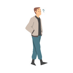 Sticker - Thoughtful Man Character and Question Mark Thinking Over the Matter Vector Illustration