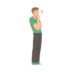 Poster - Thoughtful Man Character with Hand on Chin and Question Mark Thinking Over the Matter Vector Illustration