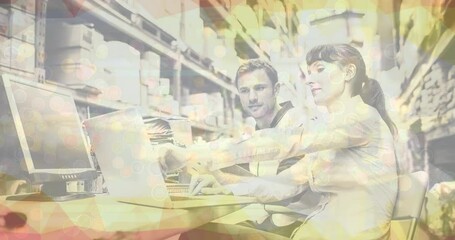 Poster - Animation of glowing spots man and woman using laptop in warehouse