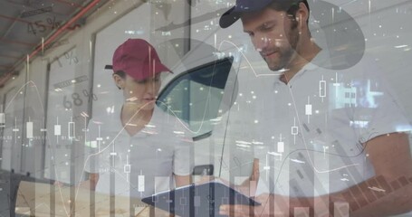Poster - Animation of statistics processing over delivery man with cardboard boxes