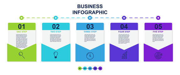 Poster - Set of presentation business infographic cards with 5 options on white background. Concept of business educational poster with sfive steps to success. Flat cartoon vector illustration