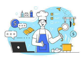 Poster - young male character is cooking a meal for educational video. concept of men and women enoing their 