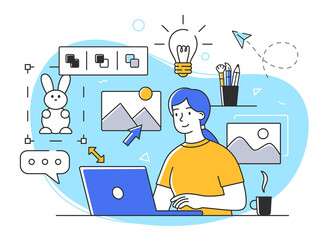 Poster - young female character is creating illustration design on laptop. concept of men and women enoing th