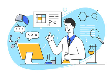 Poster - young cheerful male character is working as a scientist in a laboratory. concept of men and women en