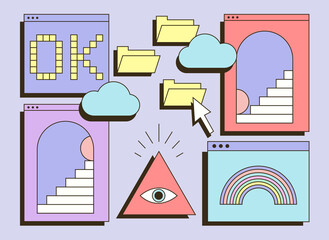 Poster - Cute colorful retro vaporwave desktop with message boxes and user interface elements. Concept of old computer desktop with virus, spyware, ransomware. Flat cartoon vector illustration