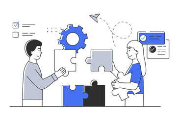 Poster - Young male and female characters putting puzzle pieces together. Concept of scenes with men and women taking part in everyday business activities. Flat cartoon vector illustration