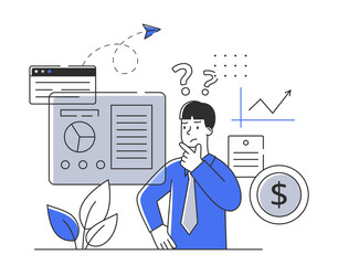Poster - Young confused male character is working on document with infographics in office. Concept of scenes with men and women taking part in everyday business activities. Flat cartoon vector illustration