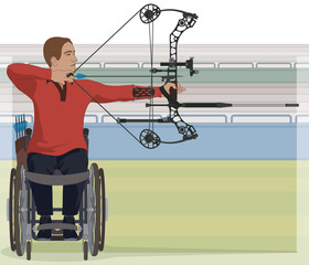 Wall Mural - para sports paralympic archery, physical disabled male athlete sitting in specialized wheelchair holding bow and arrow with stadium in background