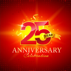 25-year anniversary celebration with ribbon on red abstract background for a celebration event. Vector design.