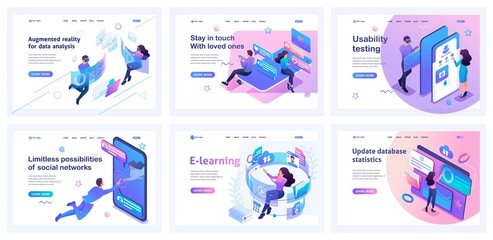 Aufkleber - Collection of landing pages. Men and women use modern technologies, virtual reality, instant messengers, and online training. Isometric characters