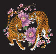 Fighting Asian Tattoo Tigers with floral elements.