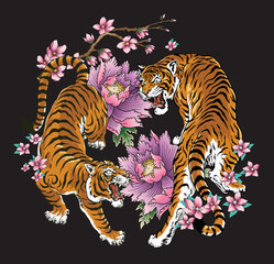 fighting asian tattoo tigers with floral elements.