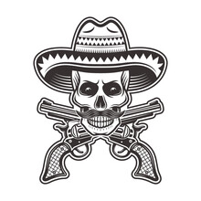 Skull Mexican Bandit Sombrero Hat With Mustache Crossed Guns Illustration Monochrome White Background