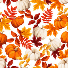 Wall Mural - vector autumn seamless pattern with orange, brown and yellow autumn leaves and orange and white pump