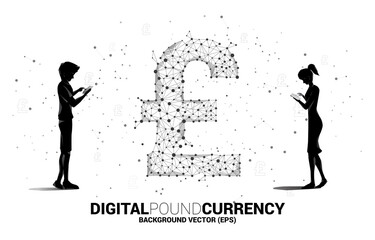 Poster - Silhouette of man and woman use mobile phone standing with money pound sterling currency icon from Polygon dot connect line. Concept for British financial network connection.