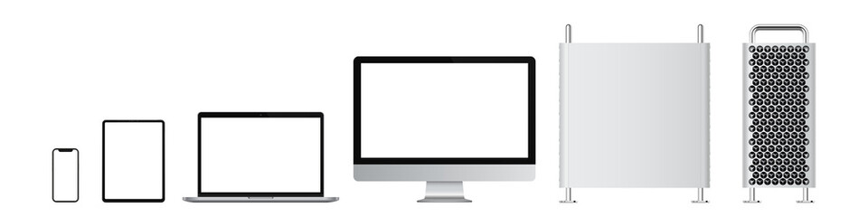 Poster - Realistic set of computer, monitor, laptop, tablet, smartphone. Vector illustration