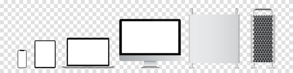Poster - Realistic set of computer, monitor, laptop, tablet, smartphone. Vector illustration