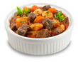 © Mauricio - Picadinho. Carne de panela com batatas e cenoura em cumbuca de porcelana branca em fundo branco isolado.