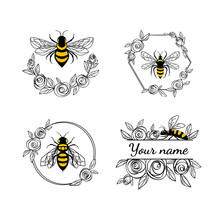 Honey Bee In A Flower Frame. Set Of Floral Frames And Wreaths. Made Of Rose Flowers And Leaves. Suitable For Cutting SVG Files On A Plotter. Bumblebee For T-shirt Design