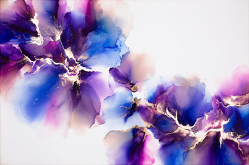 Abstract fluid art. Alcohol ink on canvas. Blue, purple, and gold.