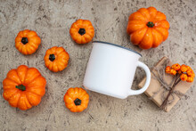 Mug Mockup Flat Lay. White Coffee Cup Mock Up. Blank Mug Printing Design Template. Autumn, Halloween And Thanksgiving Concept