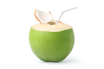 Wall Mural - Cool  young coconut juice with water droplets isolated on white background. Clipping path.