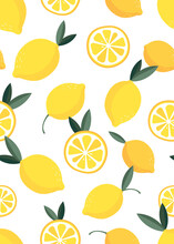 Seamless Pattern Of Lemon Fruit Background Template. Vector Set Of Lemon Element For Advertising, Packaging Design Of Lemon Tea Products And Fashion Design.