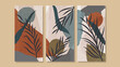 Mid century modern triptych prints wall art vector. Trio abstract art background with tropical leaves and flower. Watercolor wallpaper  design with organic shapes hand paint. 